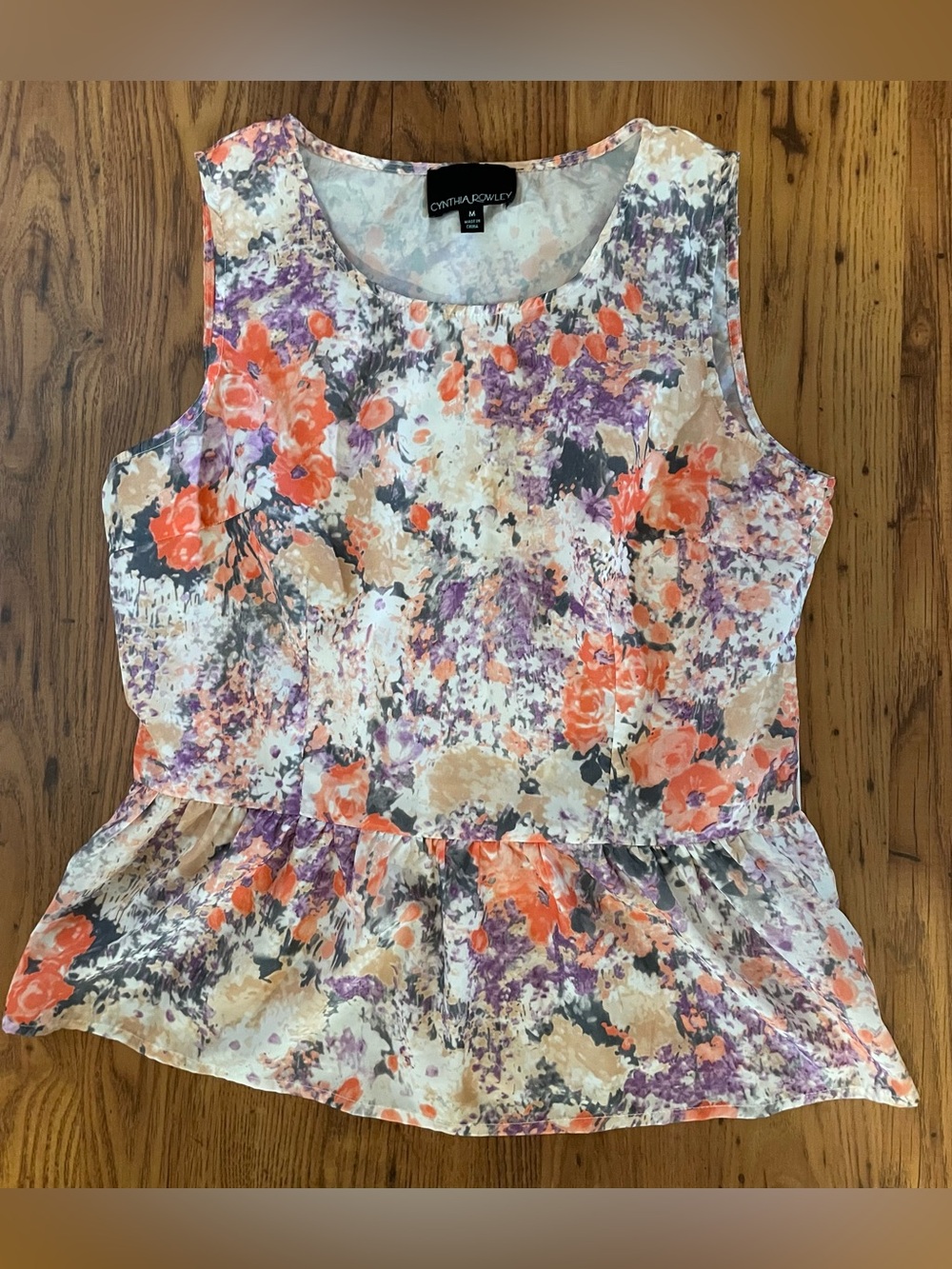 Cynthia Rowley Floral Peplum Tank Medium Coral, Purple, Cream